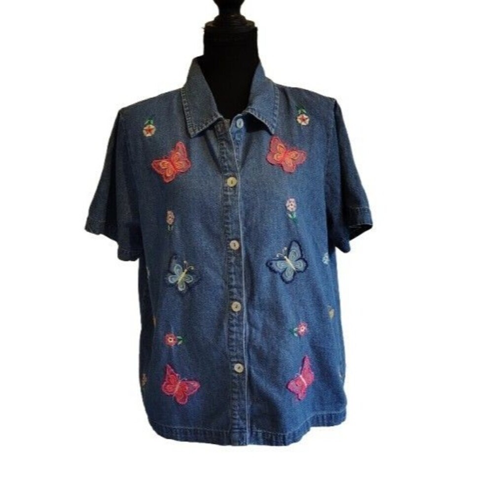 Vintage Country Wear Casuals Denim Shirt Butterfly Floral Embroidery Top PM